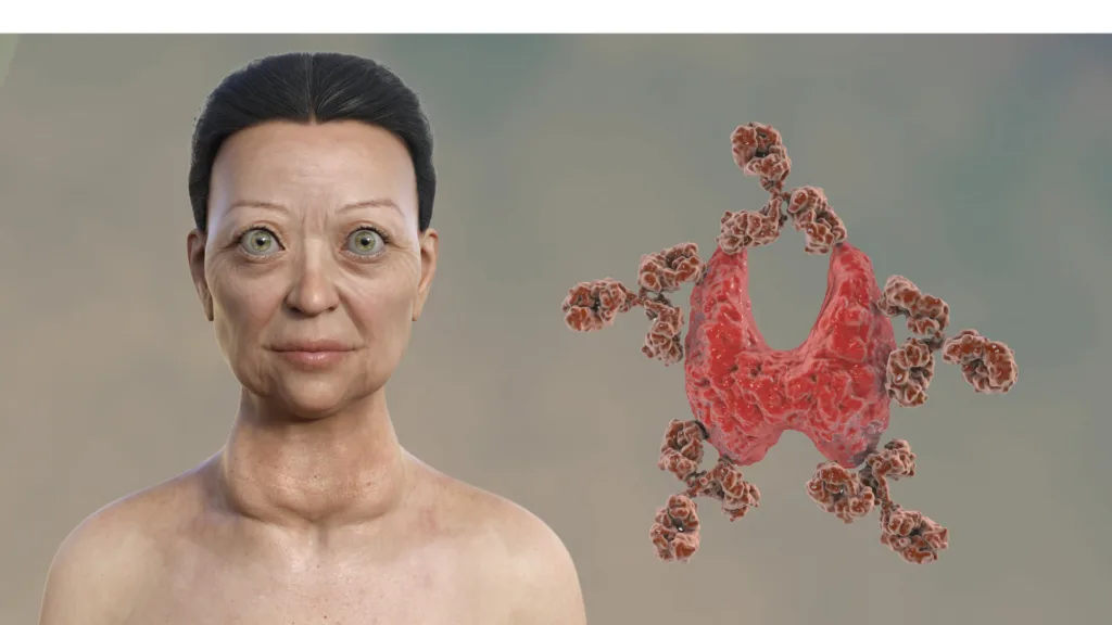 Ved Graves`sykdom er skjoldbruskkjertelen som regel diffust forstørret og noen får utstående øyne med stirrende blikk. 